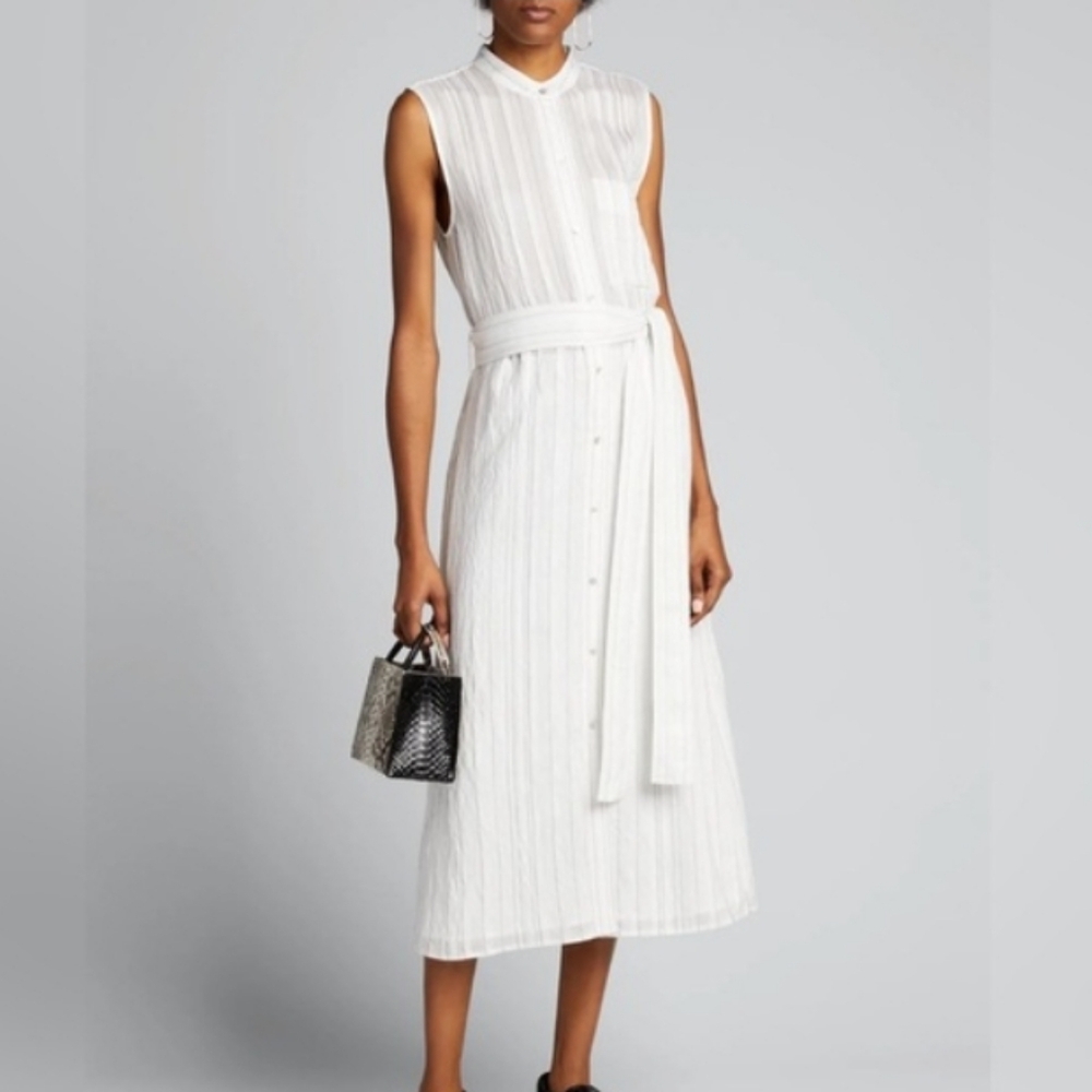 Vince Fine Striped Sleeveless Drapey Shirtdress